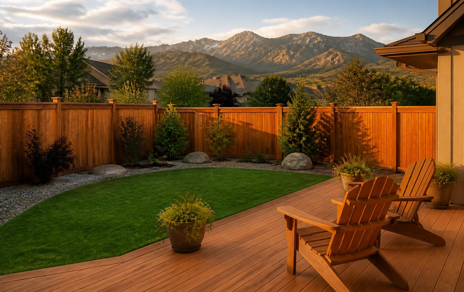 A finished cedar fence and deck in a South Denver backyard