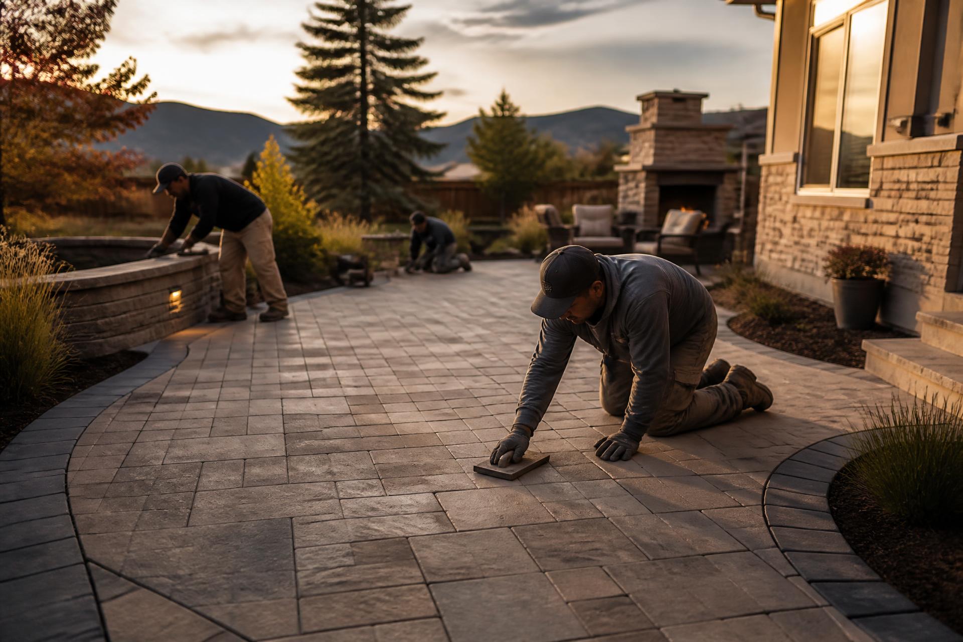 A crew finishing a paver patio at a South Denver home